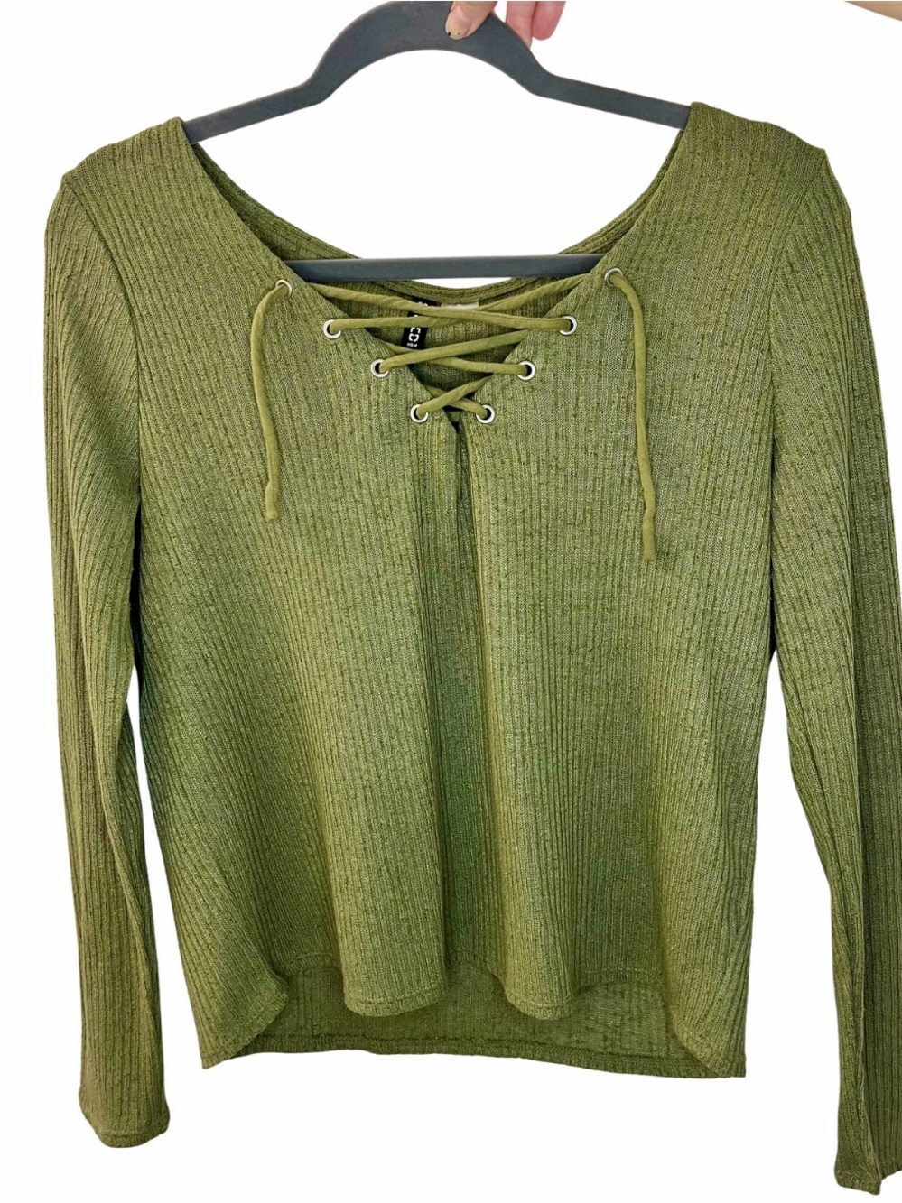 H&M Olive Lace-Up Ribbed Long Sleeve Top